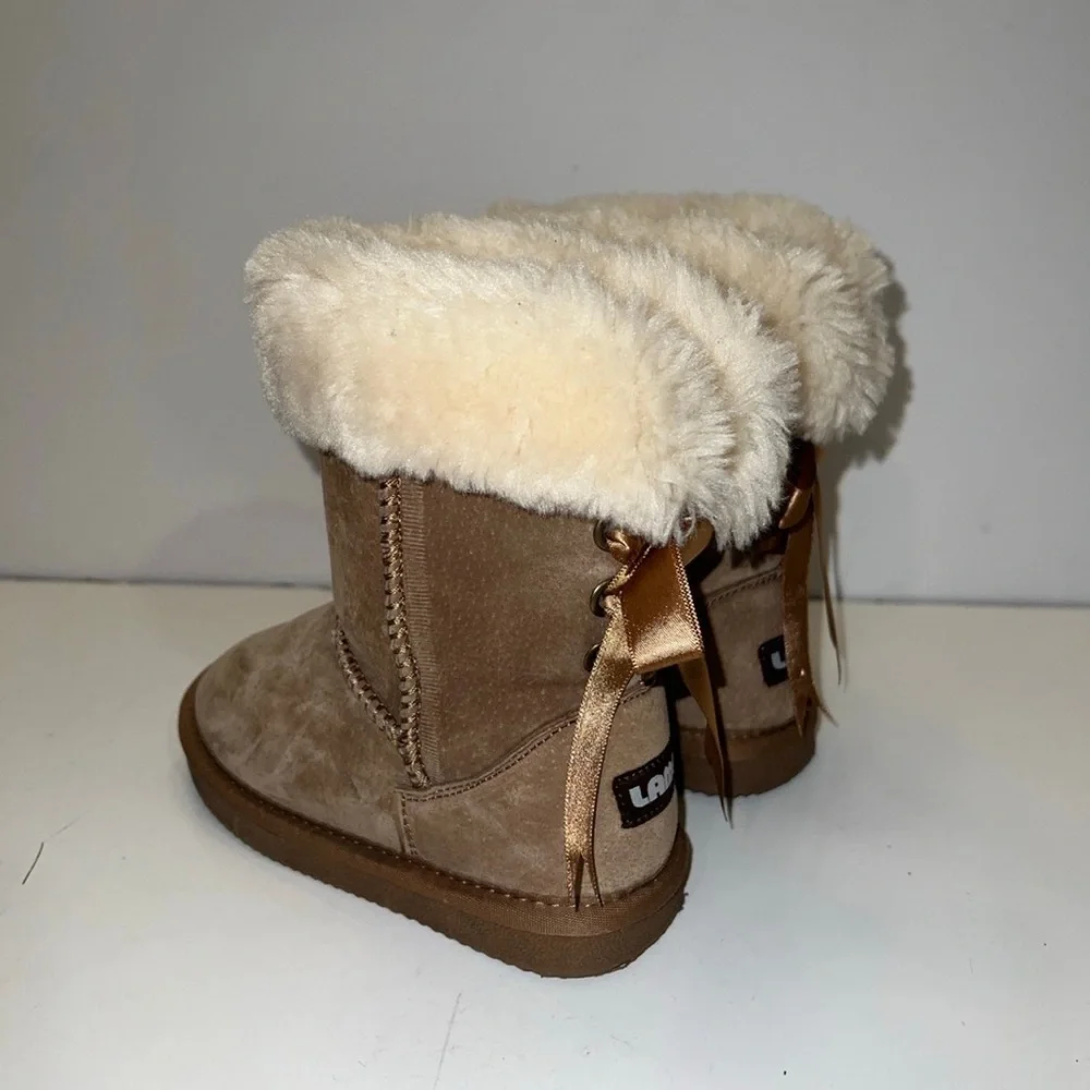 LAM Elise Girls Youth Sz 12 Fur Lined Brown Suede Boots W/ Bows Winter